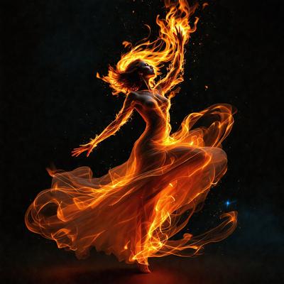 The primary subject of the image is a woman in a flowing dress, who is dancing and surrounded by fire. The setting is a dark background, which adds to the dramatic atmosphere of the scene. The visual style is a combination of photo and digital art, creating a unique and captivating image. The colors are predominantly orange and red, which are associated with fire and passion, further enhancing the mood of the scene.